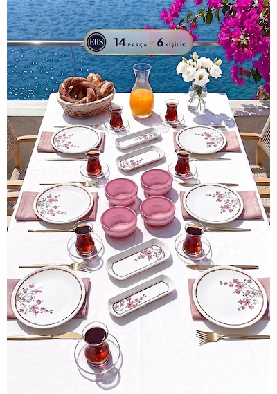 Tr Lüx Seramik Sakura Çiçeği 14 Parça 6 Kişilik Kahvaltı Takımı Seti Genel