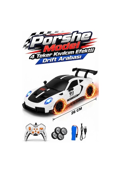 Uzaktan Kumandalı Kıvılcım Efekt Porsche Drift Yarış Arabası 4 Adet Yedek Lastik 26 Cm Sesli Oyuncak Beyaz