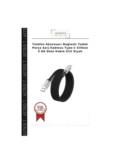 Telefon Aksesuarı Bağlantı Yedek Parça Şarj Kablosu Type-c Silikon 3.0a Data Kablo U15 Siyah