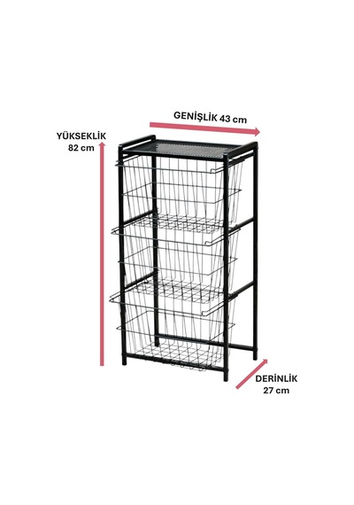 Dekoratif Siyah Metal Sebzelik 3 Raflı Tel Sepetli Çok Amaçlı Stand Çok Renkli