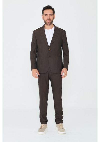 Kahverengi Çizgili 6 Drop Erkek Slim Fit Takım Elbise Kahve
