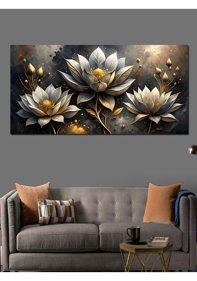 Kanvas Tablo Altın Beyaz Lotus Çiçekleri