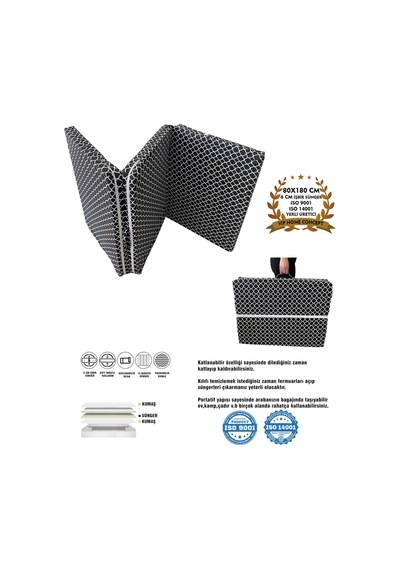 Katlanır Yatak Yer Yatağı Sünger Yatak Taşınabilen Tek Kişilik 80x180 Kara Çatı 6 Cm