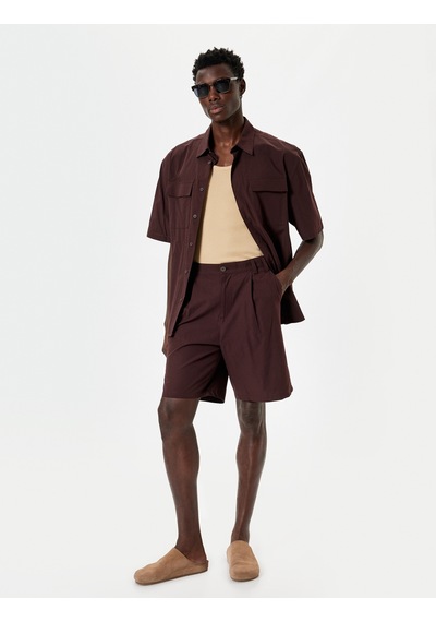 Koton Kumaş Şort Oversize Pileli Chino Düğmeli Cep Detaylı Kahverengi 4sam40179hw Kahve Kahverengi