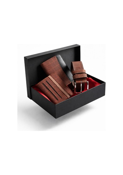 Tisaati Premium Şık Tasarım Lüks Özel Seri Dikey Ekose Desenli Cüzdan Kemer Ve Kartlık Hediye Seti Çok Renkli
