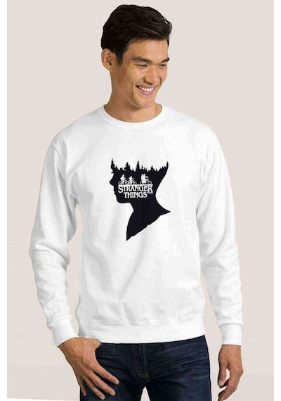 Stranger Things Baskılı Beyaz Erkek Örme Sweatshirt