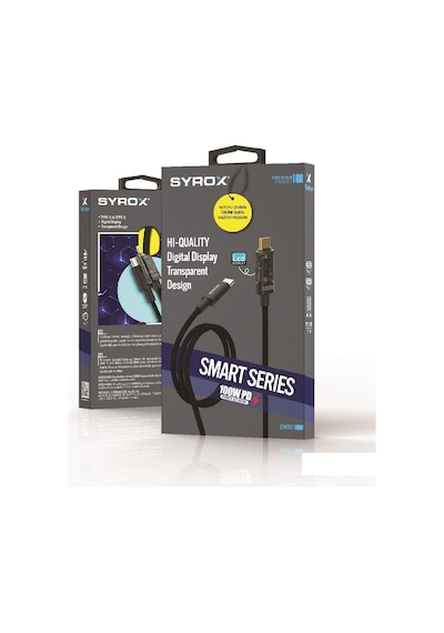 Syrox C141tt 100w Digital Göstergeli Şeffaf Başlık Tasarim Hasir Type-c To Type-c Ultra Hızlı Şarj & Data Kablosu