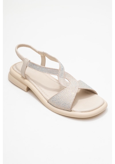 Luvishoes Aurora Ekru Hakiki Deri Taşlı Kadın Sandalet Ekru