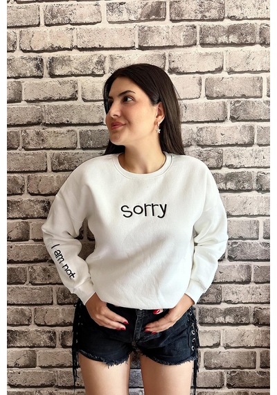 Beyaz Renk Sorry Baskılı 3 İplik Unisex Sweatshirt Beyaz