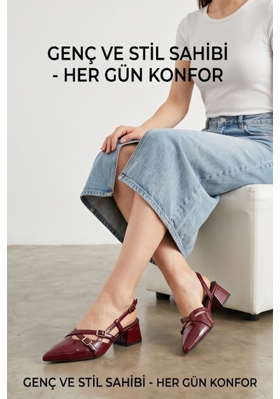 Mary Jane Bordo Rugan Çapraz Tokalı Slingback - Sivri Burun Alçak Kare Topuklu Elegant Kadın Ay... Mary Jane Bordo Rugan Çapraz Tokalı Slingback - Sivri Burun Alçak Kare Topuklu Elegant Kadın Ay...
