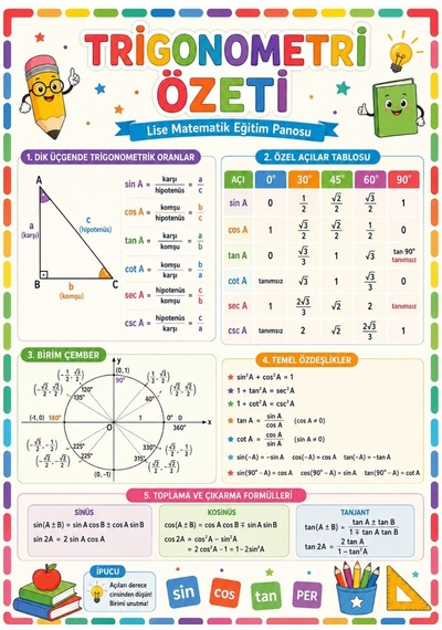 Trigonometri Özeti Lise Matematik Eğitim Afişi 50x70 Cm Tüm Yaşlar