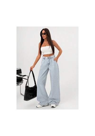 Kene Jeans Yüksek Bel Buz Kar Ön Arka Pensli Ön İşlemli Baggy Bol Paça Jeans Buz Kar
