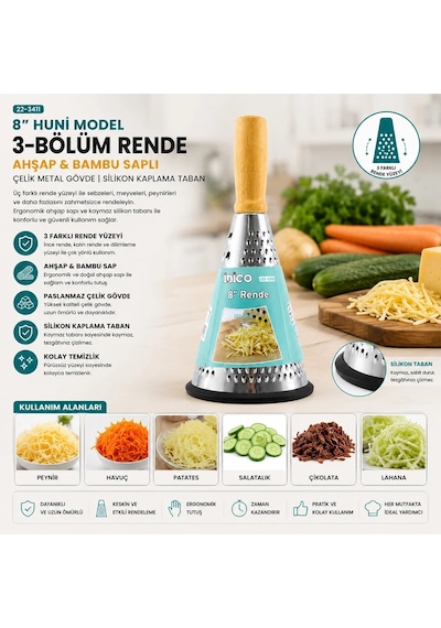 Lb 8 İnç - Huni Model Ahşap - Bambu Saplı Metal Rende Silikon Tabanlı Çok Renkli