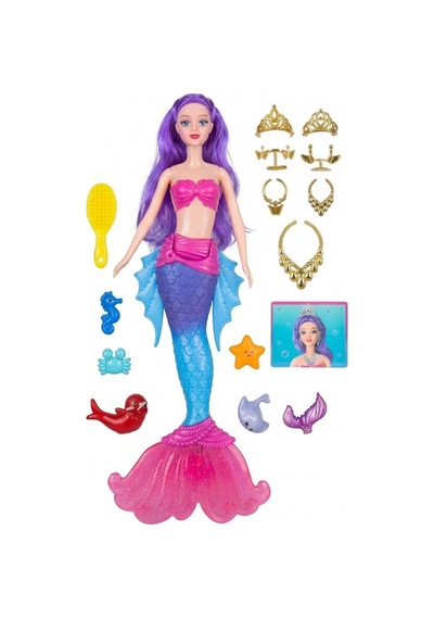 Sasha Deniz Kızı Oyuncak Bebek - Aksesuarlı, Taraklı, Hazine Sandıklı Büyük Set 40 Cm Mor
