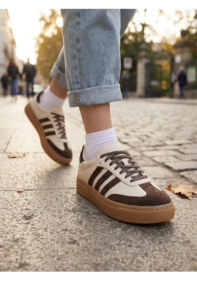 Potinonline 3020 Kadın Hakiki Deri Sneaker Ayakkabı Bej/kahve