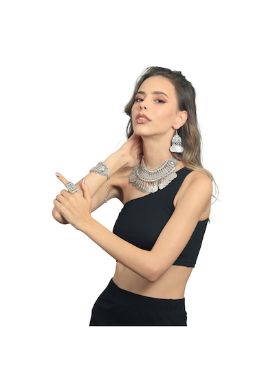 Labalaba Kadın Antik Gümüş Kaplama Bohem Tarz Kolye & Bileklik & Yüzük & Küpe Seti Gümüş