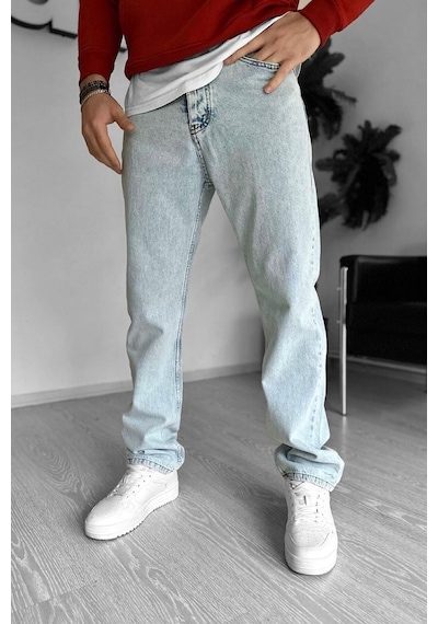 Buz Mavisi Bol Kesim Kot Erkek Pantolon Buz Mavi