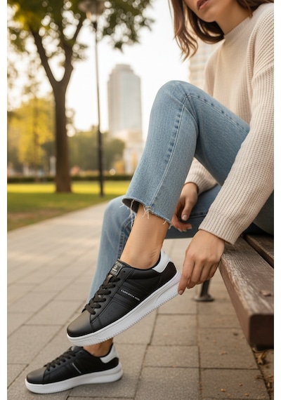 Enoch Kadın Düz Tabanlı Hafif Sneaker Yürüyüş Ayakkabısı Siyah Beyaz