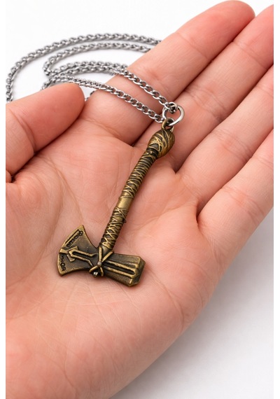Antik Görünümlü Thor Çekici Kolye Metal Bronz Erkek Kadın 60 Cm Çok renkli