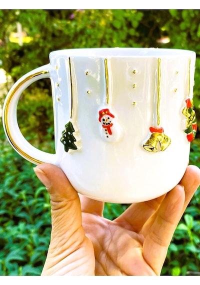 Premium Kalite 24 Ayar Altın Detaylı El Yapımı Christmas Mug 450 Ml Gold Handmade Beyaz - Çok Renkli