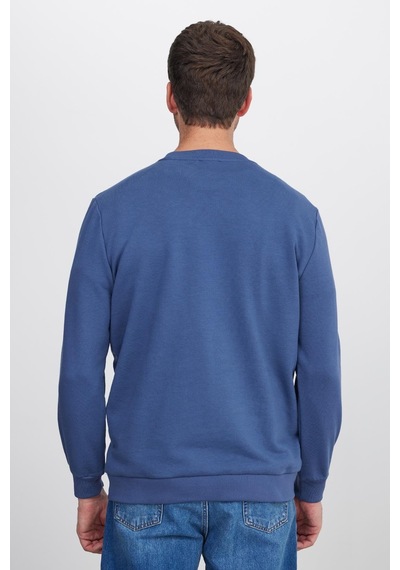 Tudors Unisex Relax Fit Rahat Kesim %100 Pamuk 3 İplik Basic İndigo Bisiklet Yaka Sweatshirt-35152 İndigo