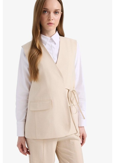 DeFacto V Yaka Bağcıklı Basic Düz Blazer Yelek E4358AX25SPBG702 Bej