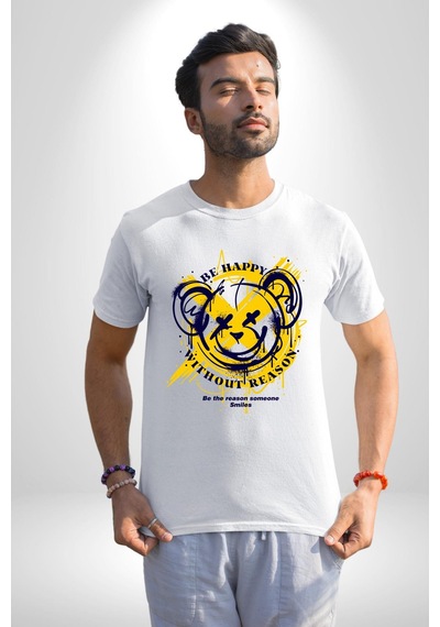 Sebep Olmadan Mutlu Ol Unisex Unisex Beyaz Organik Baskılı T-shirt Penye Yüksek Kalite Beyaz