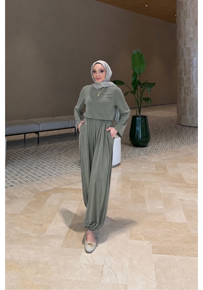 Riella Butik Hera Oysho Kumaş Oversize Günlük Tesettür Takım Yeşil