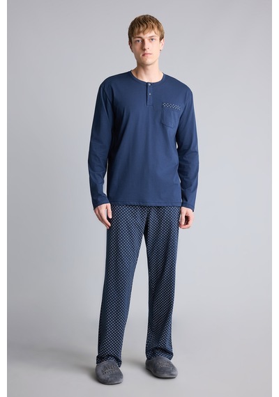 Defacto New Regular Fit Henley Yaka Cepli Uzun Kollu 2li Pijama Takımı I2490ax26aunv135 Lacivert-nv135