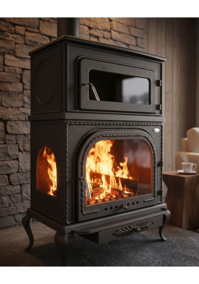 Reyo Stove Abant Üç Camlı Yan Kapak Fırınlı Döküm Şömine Soba