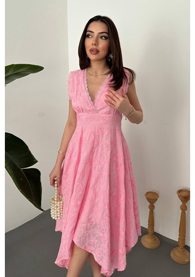 Duygudan Pembe Brodeli Elbise - Pembe Çok Renkli