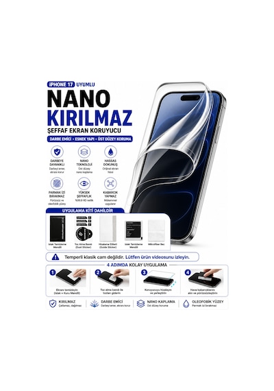 İphone 17 Uyumlu Şeffaf Nano Kırılmaz Hidrojel Ekran Koruyucu Darbe Emici Tam Kaplama Kılıf Dostu