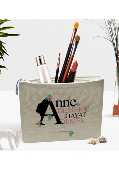 Kişiye Özel Anne Demek Hayat Demek Keten Makyaj Çantası