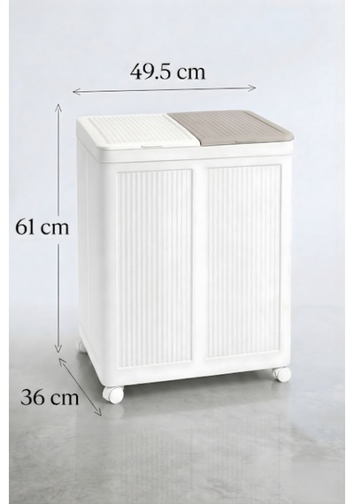 2 Bölmeli Tekerlekli 50 + 50 Litre Kapaklı Çamaşır Sepeti, Kirli Sepeti Bej