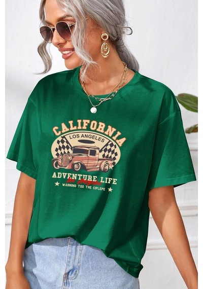 Flood Of Style Unisex California Baskılı T-shirt Yeşil