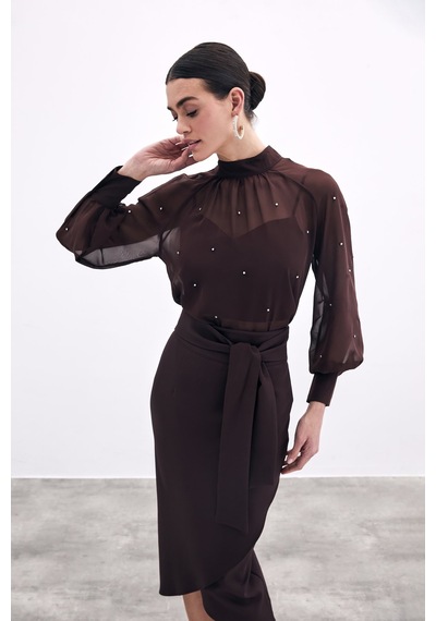 Sateen Kuşaklı Kalem Etek - Kahve-133816 Kahve