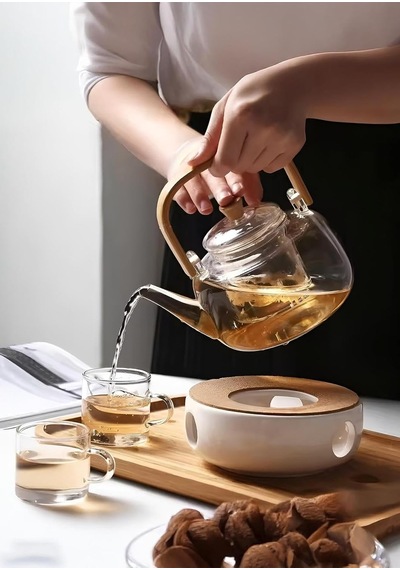Borosilikat Cam Demlik - Bambu Kulplu Bitki Demliği - Isıya Dayanıklı 1.2 L Çok Renkli