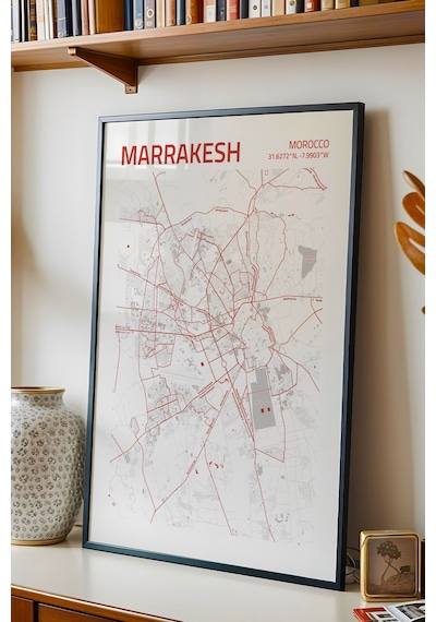 Marakeş Fas Morocco Haritası Çerçeveli Tablo Lüks Salon Ofis Duvar Dekorasyonu Hediyelik Tablo Siyah