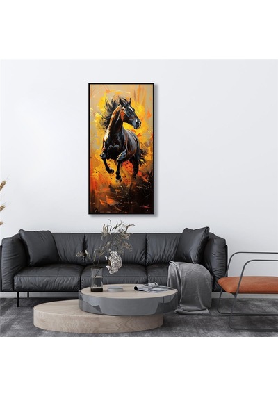 Yağlı Boya Dokulu Tablo Koşan Siyah At Siyah Çerçeveli U04037-178951