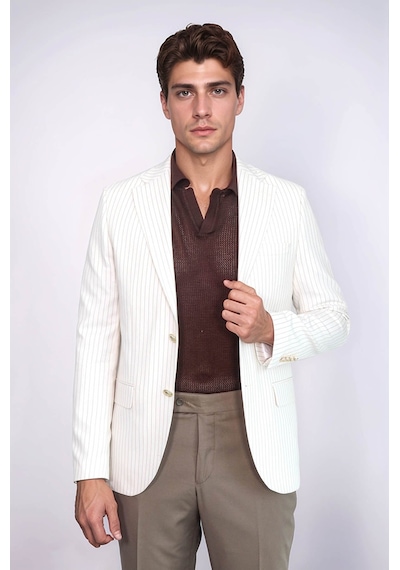 Ekru Çizgili Keten Dokulu Gold Renk Metal Düğmeli Slim Fit Erkek Blazer Ceket Wessi Beige