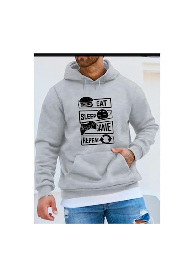 Medinenur Eat Sleep Game Baskılı Kapüşonlu Sweatshirt Gri
