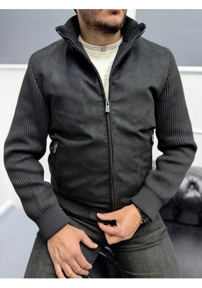 Avni Ceylan Erkek Nubuk Triko Kol Detaylı Slim Fit Mont Siyah