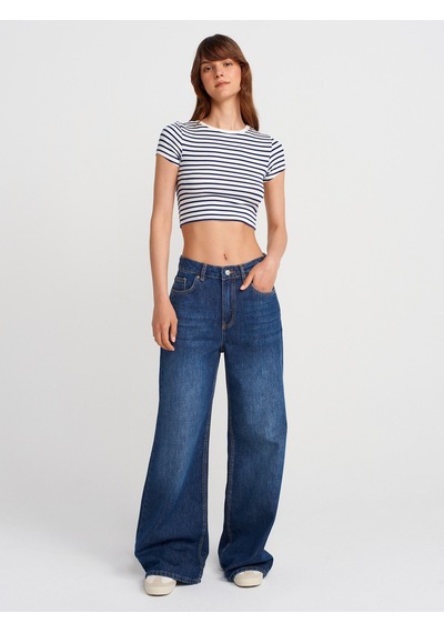 Dilvin 31889 Çizgili Crop Top-ekru-laci Ekru-laci