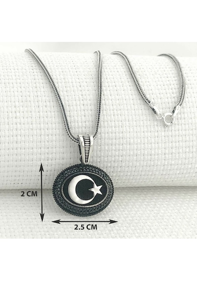 925 Ayar Gümüş Siyah Taşlı Ayyıldız Erkek Kolye Gümüş