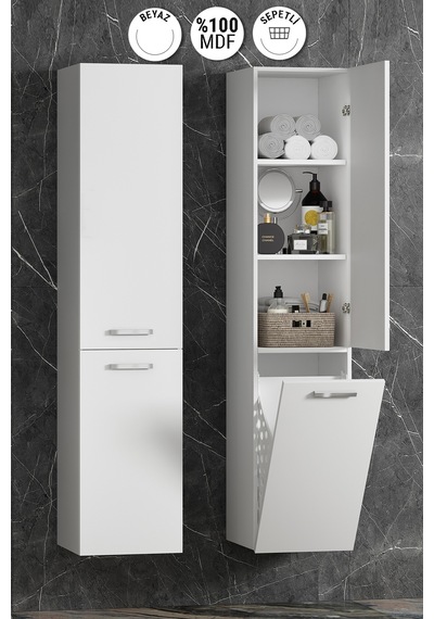 Yeni Boy 35x167 Cm Beyaz Mdf Sepetli Asma Banyo Boy Dolabı