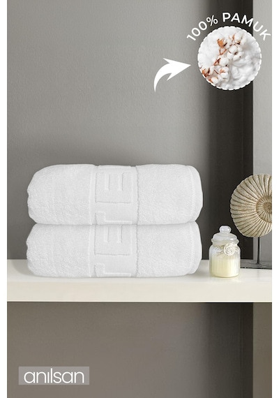 2'li Hotel Logo Banyo Havlusu - 70x140 Cm, 490 Gr, %100 Pamuk, Spa Ve Otel Havlusu, Günlük Kullanıma Uygun Beyaz