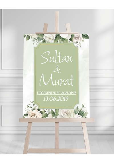 Söz Nişan Düğün İçin 50x70 Karşılama Panosu - Beyaz Gül Desenli
