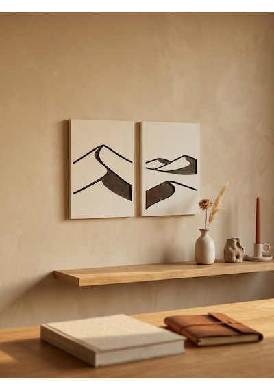 Abstract Dunes 2'li Duvar Sanatı Seti - Modern Soyut Kum Tepesi Motifli Kazıma Tablo, Organik Minimalist Tablo