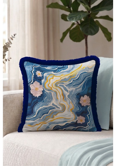 Çiçekli Geometrik Saçaklı Yastık Kılıfı - Soyut Floral Mavi Gold Lacivert Püsküllü Kırlent Kılıfı Puslu Düş Halo Çiçekli Geometrik Saçaklı Yastık Kılıfı - Soyut Floral Mavi Gold Lacivert Püsküllü Kırlent Kılıfı Puslu Düş Halo