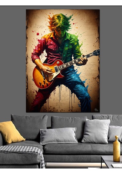 Ahşap Tablo Gitar Çalan Renkli Modern Sanatçı